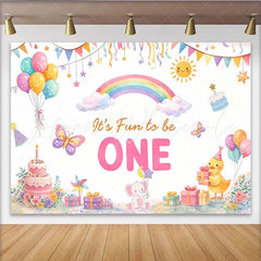 Lofaris It’s Fun to be ONE Cartoon 1st Birthday Backdrop with Rainbow and Balloons Cute Animal Cake Smash Background for Baby Party Decor