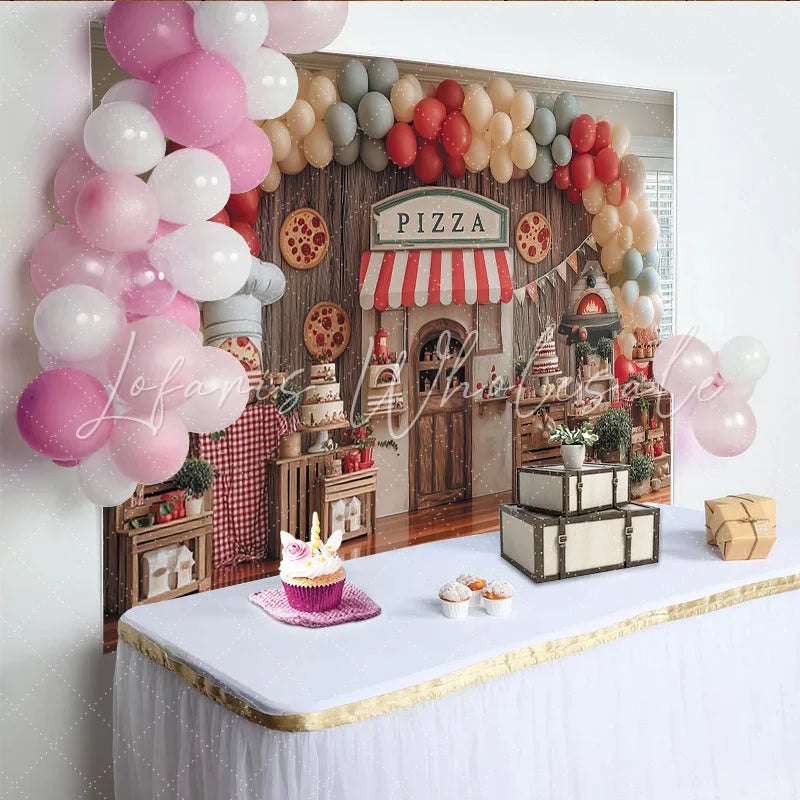 Lofaris Italian Pizza Shop Party Backdrop with Red White Awning Chef Hat Balloon Arch Decor for Birthday Celebration