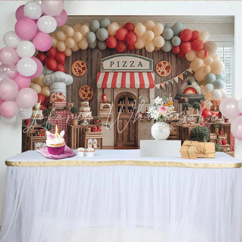 Lofaris Italian Pizza Shop Party Backdrop with Red White Awning Chef Hat Balloon Arch Decor for Birthday Celebration