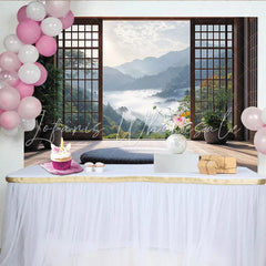 Lofaris Japanese Window Frame Natural Scenery Photography Backdrop Misty Mountain View Background for Studio Photoshoot