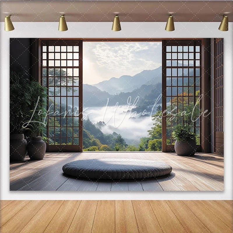 Lofaris Japanese Window Frame Natural Scenery Photography Backdrop Misty Mountain View Background for Studio Photoshoot