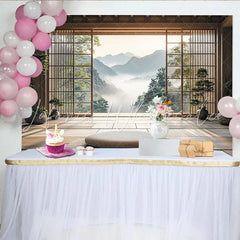 Lofaris Japanese Zen Room Photography Backdrop with Misty Mountain View Serene Wooden Interior Studio Background for Portrait Sessions
