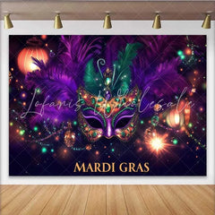 Lofaris Jeweled Masquerade Ball Backdrop Purple Feather Mask with Golden Bokeh Lights Banner