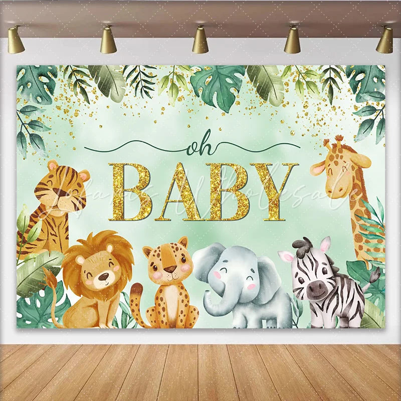 Lofaris Jungle Safari Animals Baby Shower Backdrop Tropical Greenery and Gold Oh Baby Party Decor