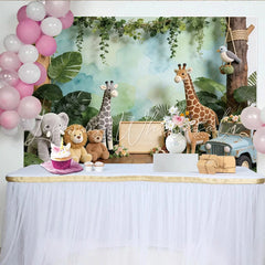 Lofaris Jungle Safari Baby Shower Backdrop with Cute Animals and Green Leaves Watercolor Sky Background for Baby Photography and Party Decor