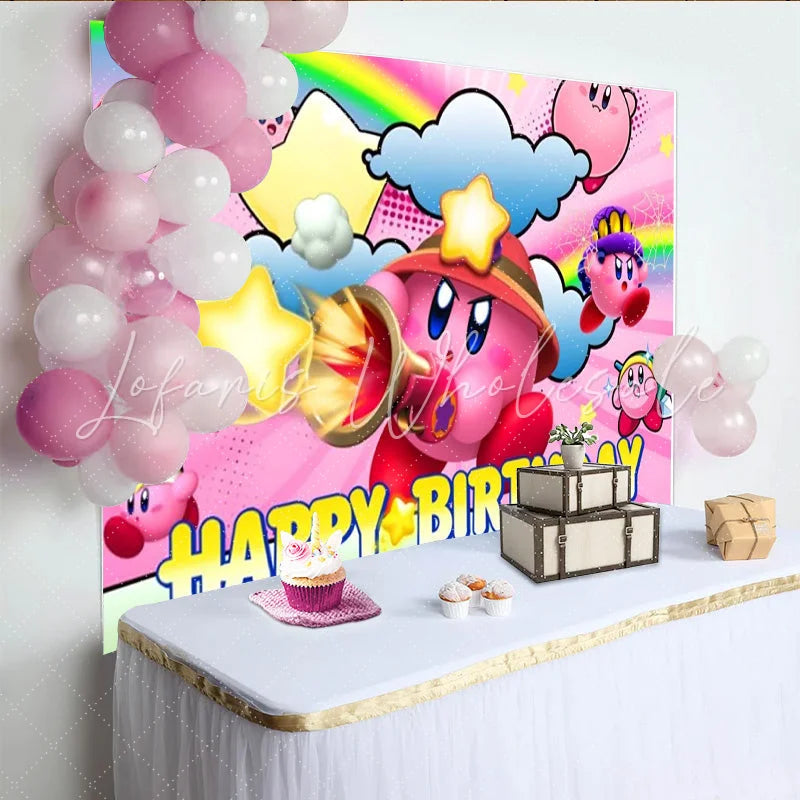 Lofaris Kirby Inspired Happy Birthday Backdrop for Kids Pink Puff Video Game Character Nintendo Themed Party Photo Booth