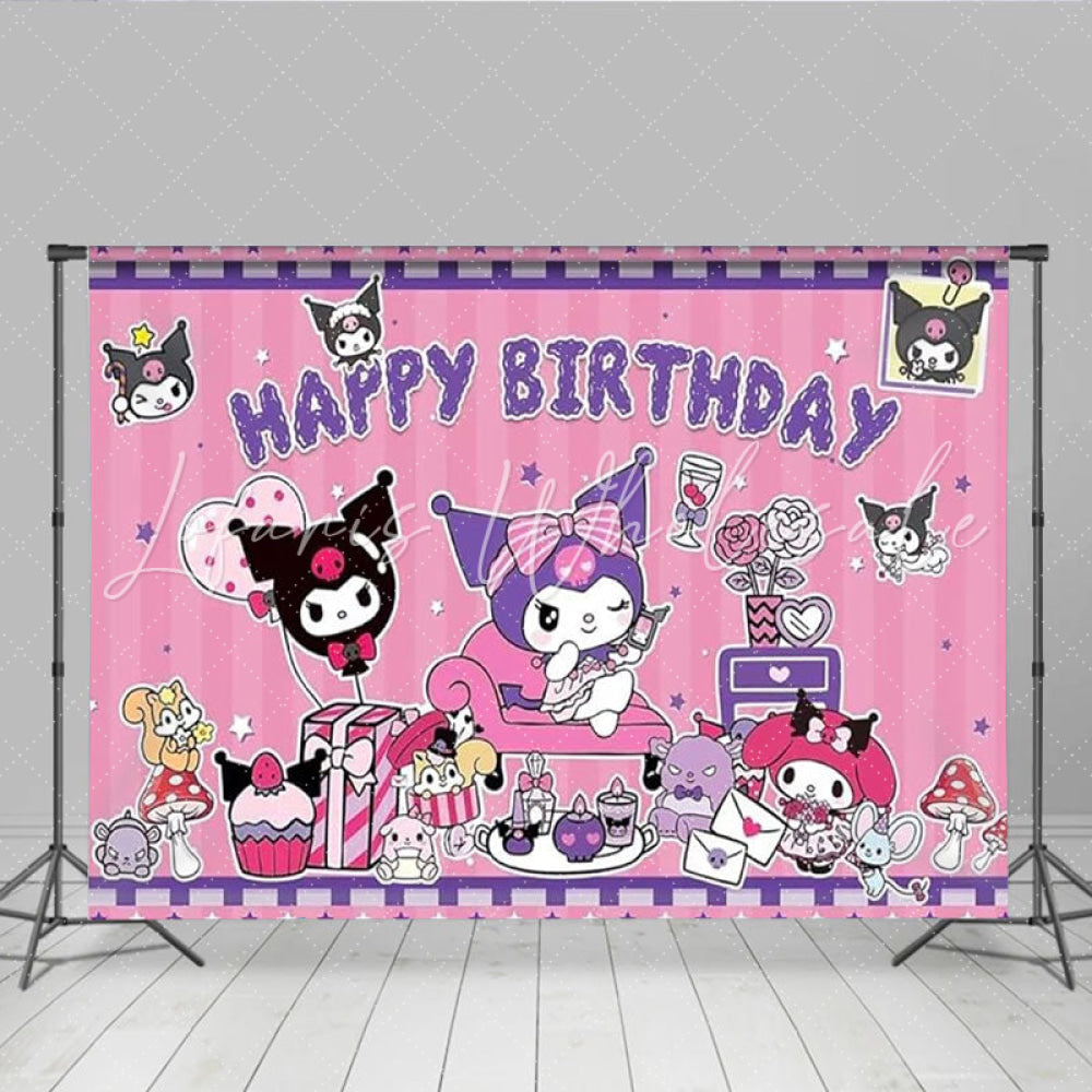 Lofaris Kuromi and My Melody Inspired Birthday Backdrop Pink Gothic Bunny and Friend Cute Cartoon Party Photo Booth Decor
