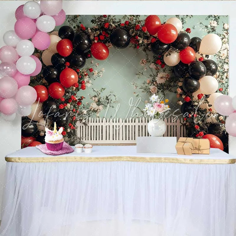 Lofaris Ladybug Garden Birthday Backdrop Floral Balloon Fence Background Girl 1st Bday Photography Prop