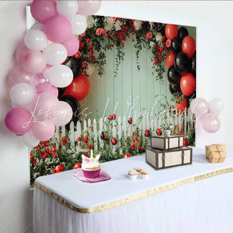 Lofaris Ladybug Green Wall Birthday Backdrop Floral Fence Balloon Background Girl Spring Party Decoration