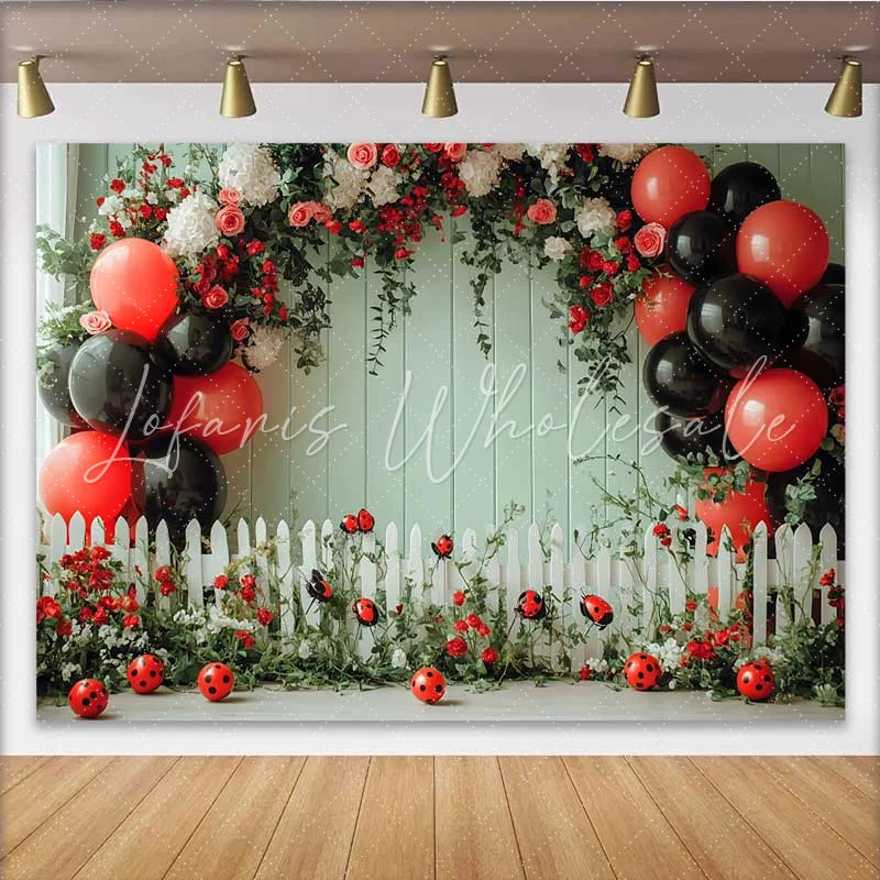Lofaris Ladybug Green Wall Birthday Backdrop Floral Fence Balloon Background Girl Spring Party Decoration