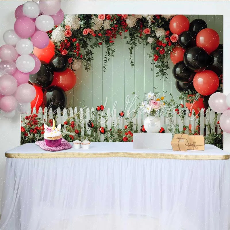 Lofaris Ladybug Green Wall Birthday Backdrop Floral Fence Balloon Background Girl Spring Party Decoration