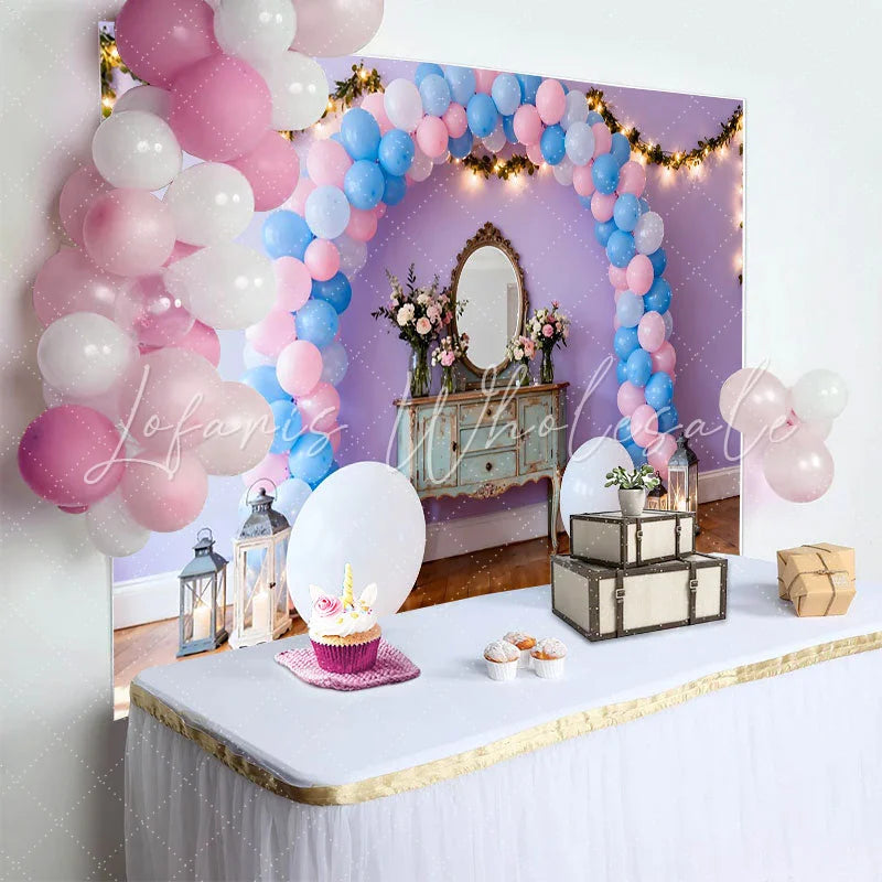 Lofaris Lavender Birthday Cake Smash Backdrop Pink and Blue Balloon Arch with Fairy Lights and Vanity Mirror