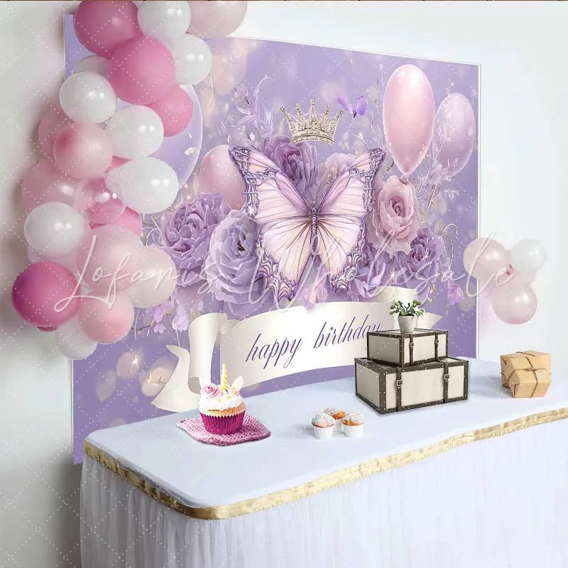 Lofaris Lavender Butterfly Crown Birthday Backdrop Ribbon Banner Balloon Background Girl Princess Party Decoration