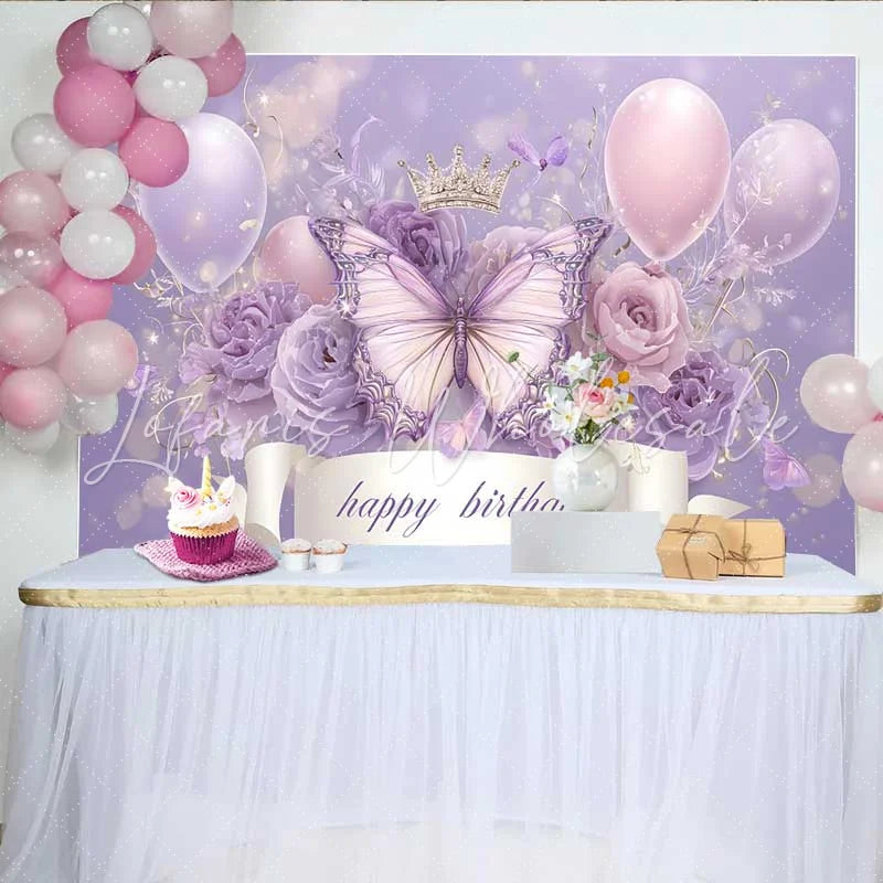 Lofaris Lavender Butterfly Crown Birthday Backdrop Ribbon Banner Balloon Background Girl Princess Party Decoration