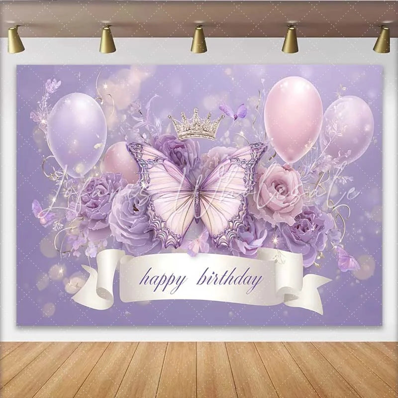 Lofaris Lavender Butterfly Crown Birthday Backdrop Ribbon Banner Balloon Background Girl Princess Party Decoration