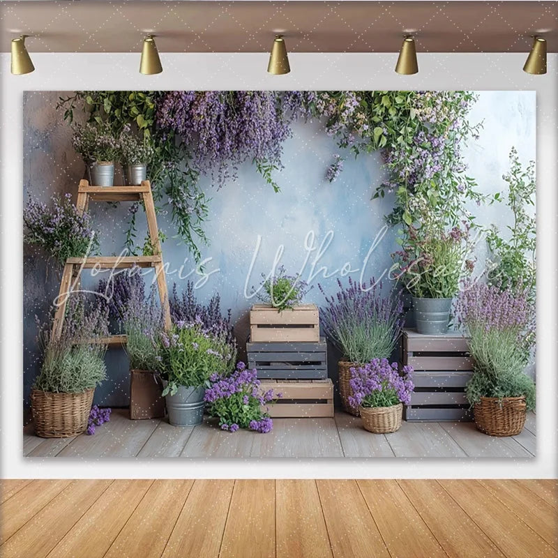 Lofaris Lavender Floral Photography Backdrop with Rustic Wood and Blue Wall Natural Greenery Studio Background for Portrait Photoshoot