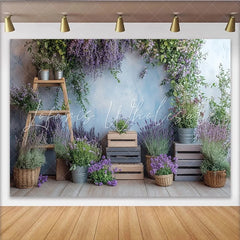 Lofaris Lavender Floral Photography Backdrop with Rustic Wood and Blue Wall Natural Greenery Studio Background for Portrait Photoshoot