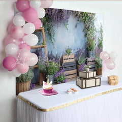 Lofaris Lavender Floral Photography Backdrop with Rustic Wood and Blue Wall Natural Greenery Studio Background for Portrait Photoshoot