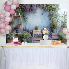 Lofaris Lavender Floral Photography Backdrop with Rustic Wood and Blue Wall Natural Greenery Studio Background for Portrait Photoshoot