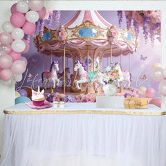 Lofaris Lavender Pink Carousel Photography Backdrop with Horses and Flowers Dreamy Party Background for Girls Birthday