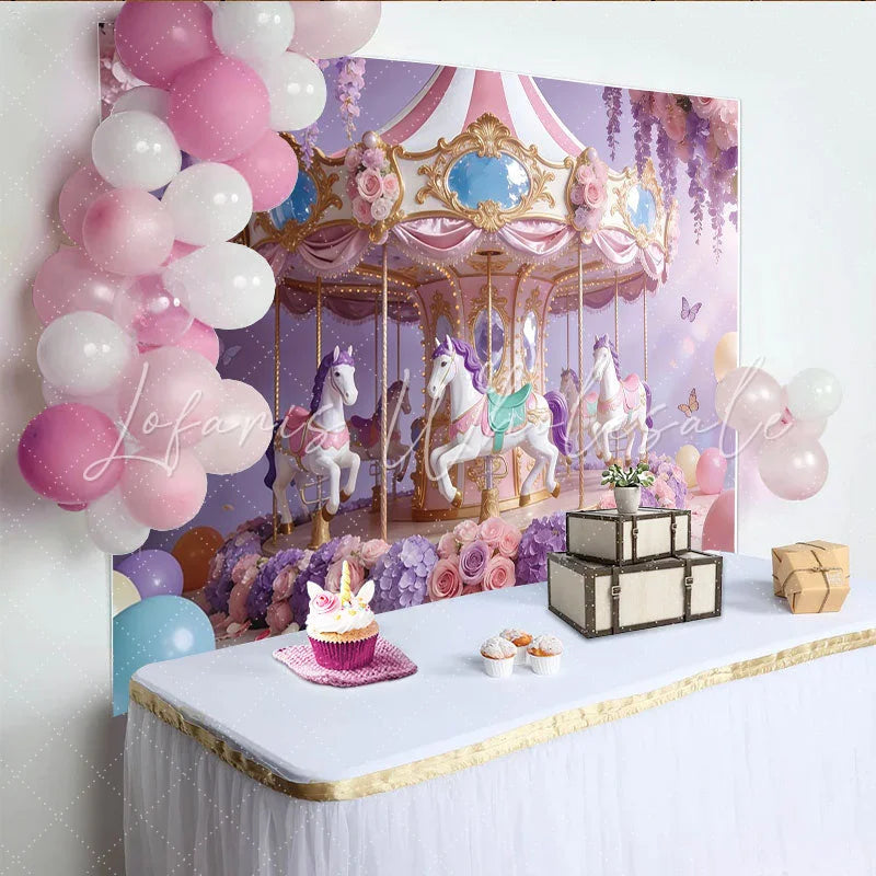 Lofaris Lavender Pink Carousel Photography Backdrop with Horses and Flowers Dreamy Party Background for Girls Birthday