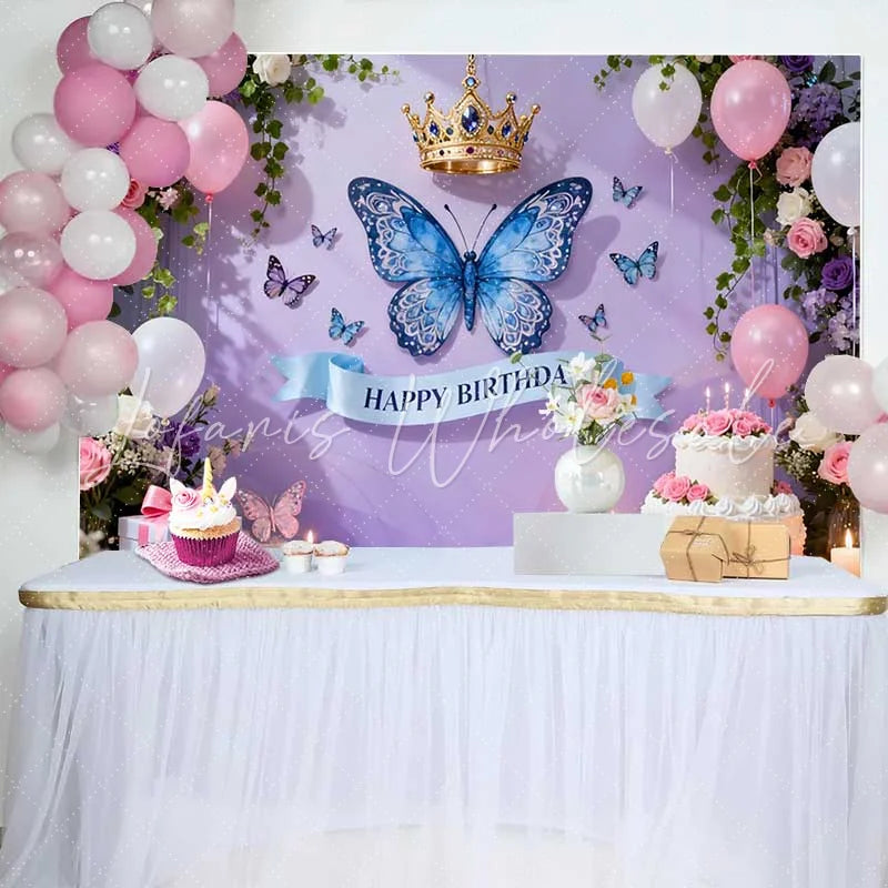 Lofaris Lavender Purple Butterfly and Crown Birthday Cake Smash Backdrop Elegant Pink Floral Party Decor