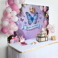 Lofaris Lavender Purple Butterfly and Crown Birthday Cake Smash Backdrop Elegant Pink Floral Party Decor