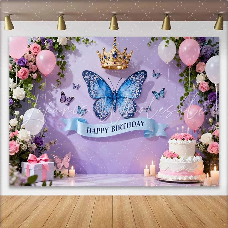 Lofaris Lavender Purple Butterfly and Crown Birthday Cake Smash Backdrop Elegant Pink Floral Party Decor