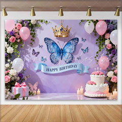 Lofaris Lavender Purple Butterfly and Crown Birthday Cake Smash Backdrop Elegant Pink Floral Party Decor