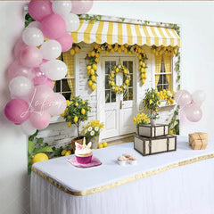 Lofaris Lemon Spring Photography Backdrop with Yellow Awning and Wreath Fresh House Facade Background for Studio Photoshoot