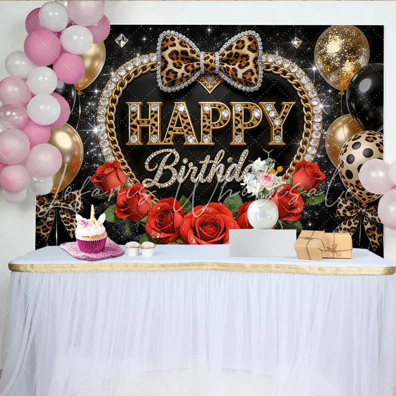 Lofaris Leopard Print Black and Gold Birthday Backdrop with Red Roses and Balloons Glamorous Party Background for Women and Girls Photoshoot