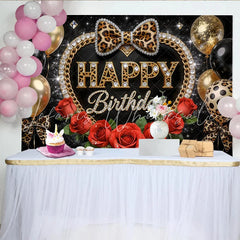 Lofaris Leopard Print Black and Gold Birthday Backdrop with Red Roses and Balloons Glamorous Party Background for Women and Girls Photoshoot