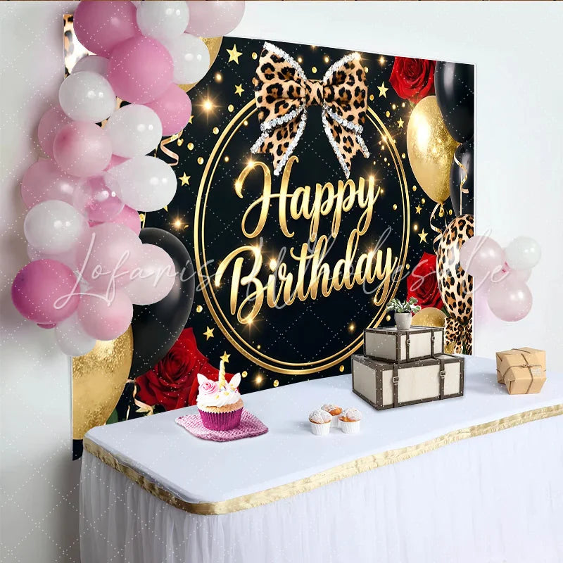 Lofaris Leopard Print Black and Gold Birthday Backdrop with Red Roses and Balloons Glitter Party Background for Women and Girls Photoshoot