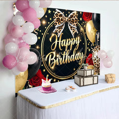 Lofaris Leopard Print Black and Gold Birthday Backdrop with Red Roses and Balloons Glitter Party Background for Women and Girls Photoshoot