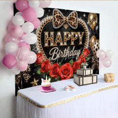 Lofaris Leopard Print Black and Gold Birthday Backdrop with Red Roses and Balloons Glamorous Party Background for Women and Girls Photoshoot
