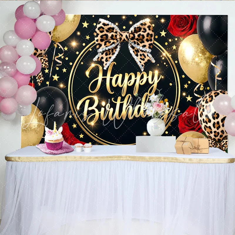 Lofaris Leopard Print Black and Gold Birthday Backdrop with Red Roses and Balloons Glitter Party Background for Women and Girls Photoshoot
