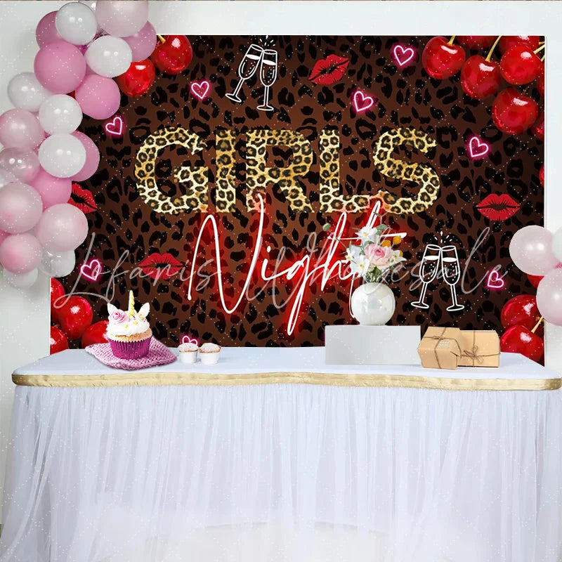 Lofaris Leopard Print Girls Night Party Backdrop with Neon Text Red Cherries and Champagne Glasses Photo Background