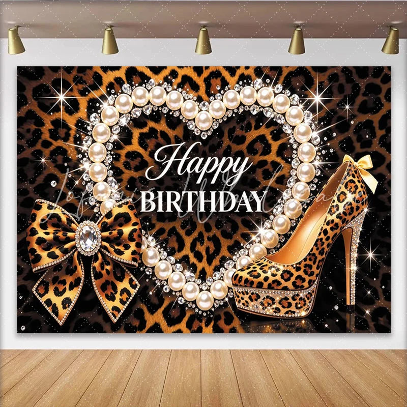Lofaris Leopard Print Happy Birthday Backdrop with Pearls Diamonds and High Heel Shoe Glamorous Party Background for Women
