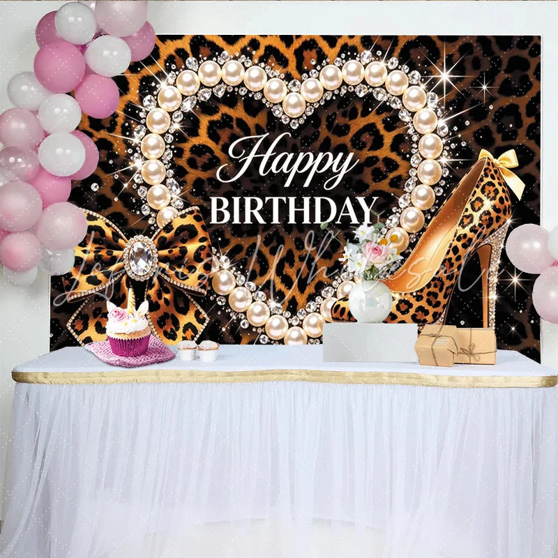 Lofaris Leopard Print Happy Birthday Backdrop with Pearls Diamonds and High Heel Shoe Glamorous Party Background for Women
