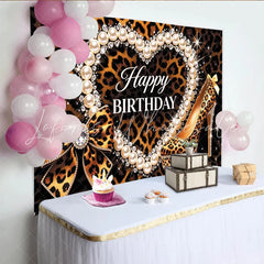 Lofaris Leopard Print Happy Birthday Backdrop with Pearls Diamonds and High Heel Shoe Glamorous Party Background for Women