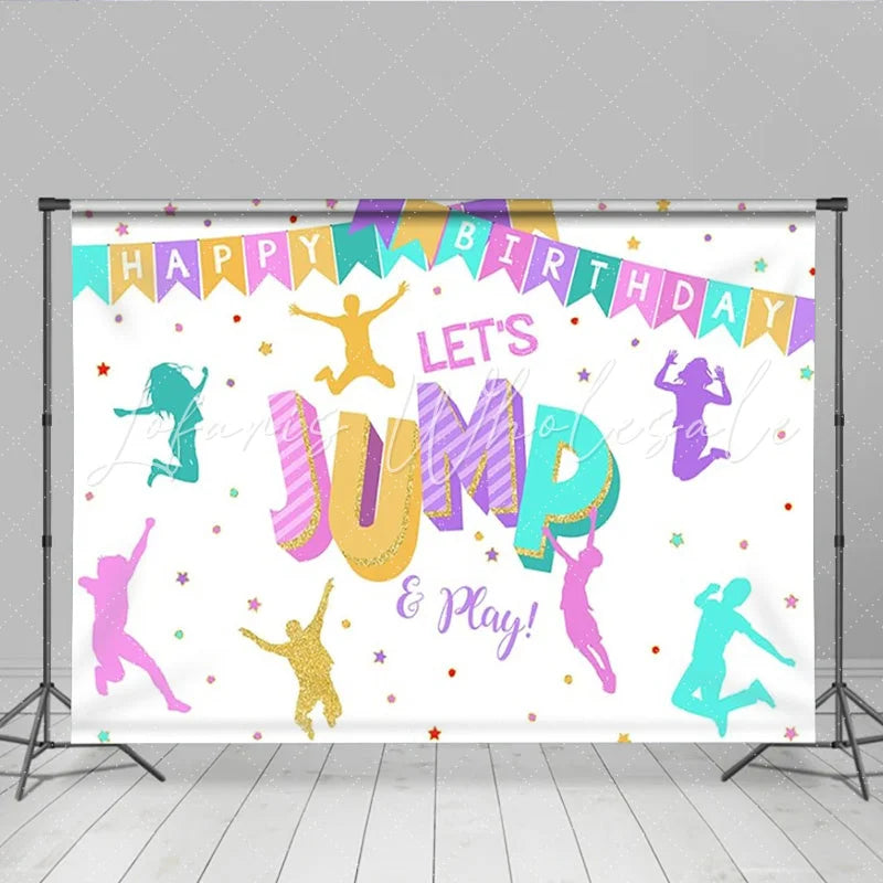 Lofaris Let’s Jump and Play Happy Birthday Backdrop Trampoline Park Bounce House Theme Fun Party Decor for Boys and Girls