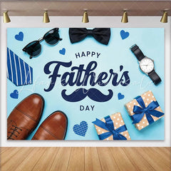 Lofaris Light Blue Fathers Day Backdrop with Mustache and Gifts Men’s Accessories Photo Background for Party Decoration