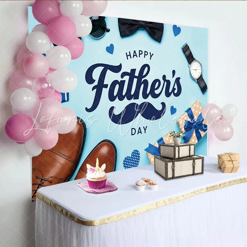 Lofaris Light Blue Fathers Day Backdrop with Mustache and Gifts Men’s Accessories Photo Background for Party Decoration