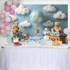 Lofaris Light Blue Hot Air Balloon Baby Shower Backdrop with Clouds and Stars Cute Teddy Bear Background for Baby Boy or Girl Party Decor