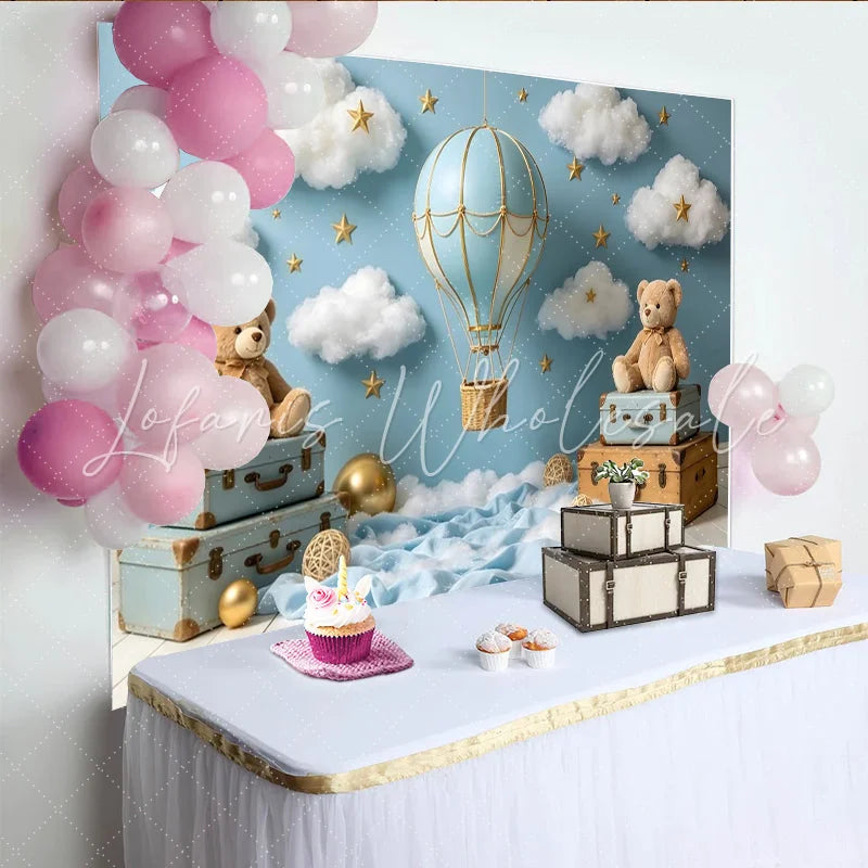 Lofaris Light Blue Hot Air Balloon Baby Shower Backdrop with Clouds and Stars Cute Teddy Bear Background for Baby Boy or Girl Party Decor