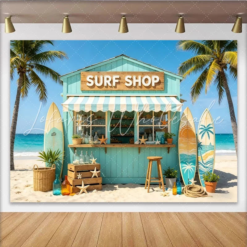 Lofaris Light Blue Surf Shop Beach Photography Backdrop Tropical Summer Ocean Scene Background for Studio Photoshoot