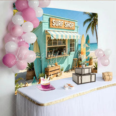 Lofaris Light Blue Surf Shop Photography Backdrop with Palm Trees and Surfboards Tropical Beach Background for Summer Photoshoot