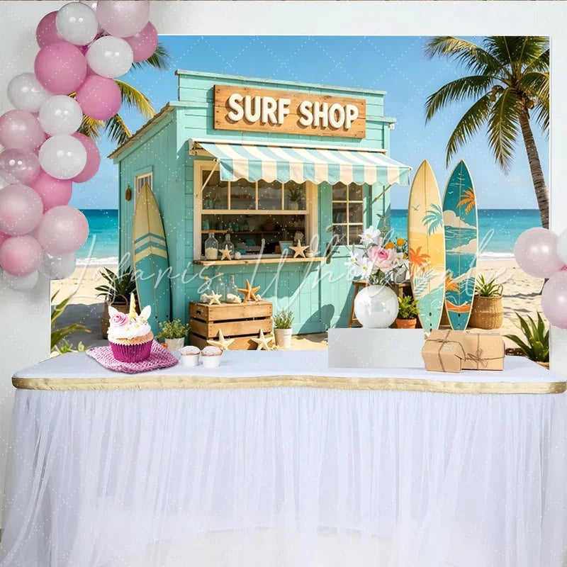 Lofaris Light Blue Surf Shop Photography Backdrop with Palm Trees and Surfboards Tropical Beach Background for Summer Photoshoot