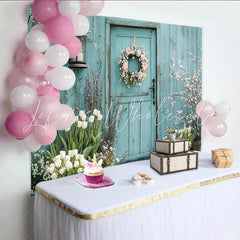 Lofaris Light Blue Wood Door Floral Photography Backdrop with Spring Tulips Elegant Garden Background for Portrait Photoshoot and Event