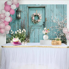 Lofaris Light Blue Wood Door Floral Photography Backdrop with Spring Tulips Elegant Garden Background for Portrait Photoshoot and Event
